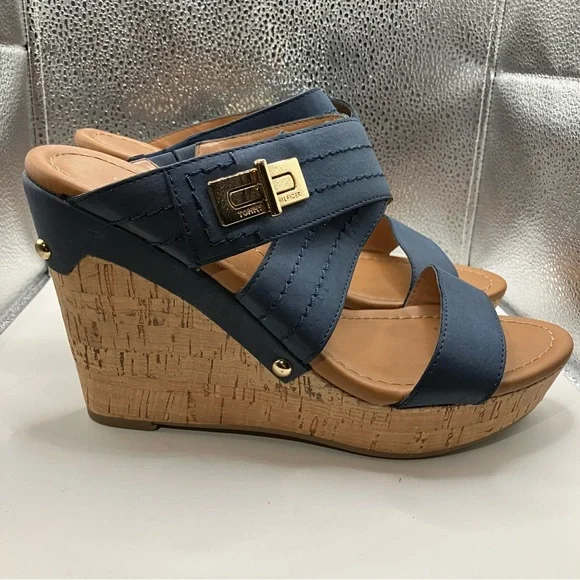 Tommy Hilfiger Navy Blue Mili Cork Wedge Sandal Size 7.5 - Picture 7 of 16